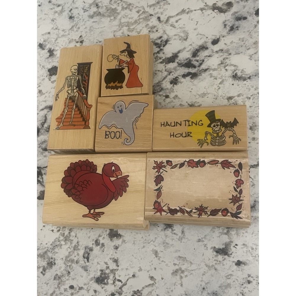 Halloween Wood Mounted Rubber Stamp Lot 6 Thanksgiving Turkey Fall Skeleton